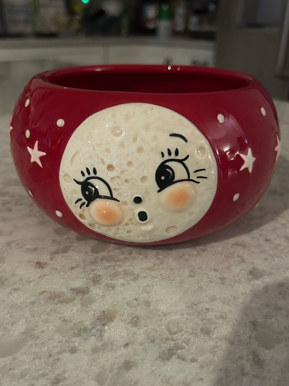 Johanna Parker Red Ceramic Moon Face/ Stars Holiday Bowl